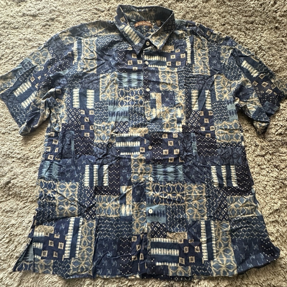 Tori Richard Lisbon Tiles Navy Short Sleeve Made in Hawaii Hawaiian Size 2XL